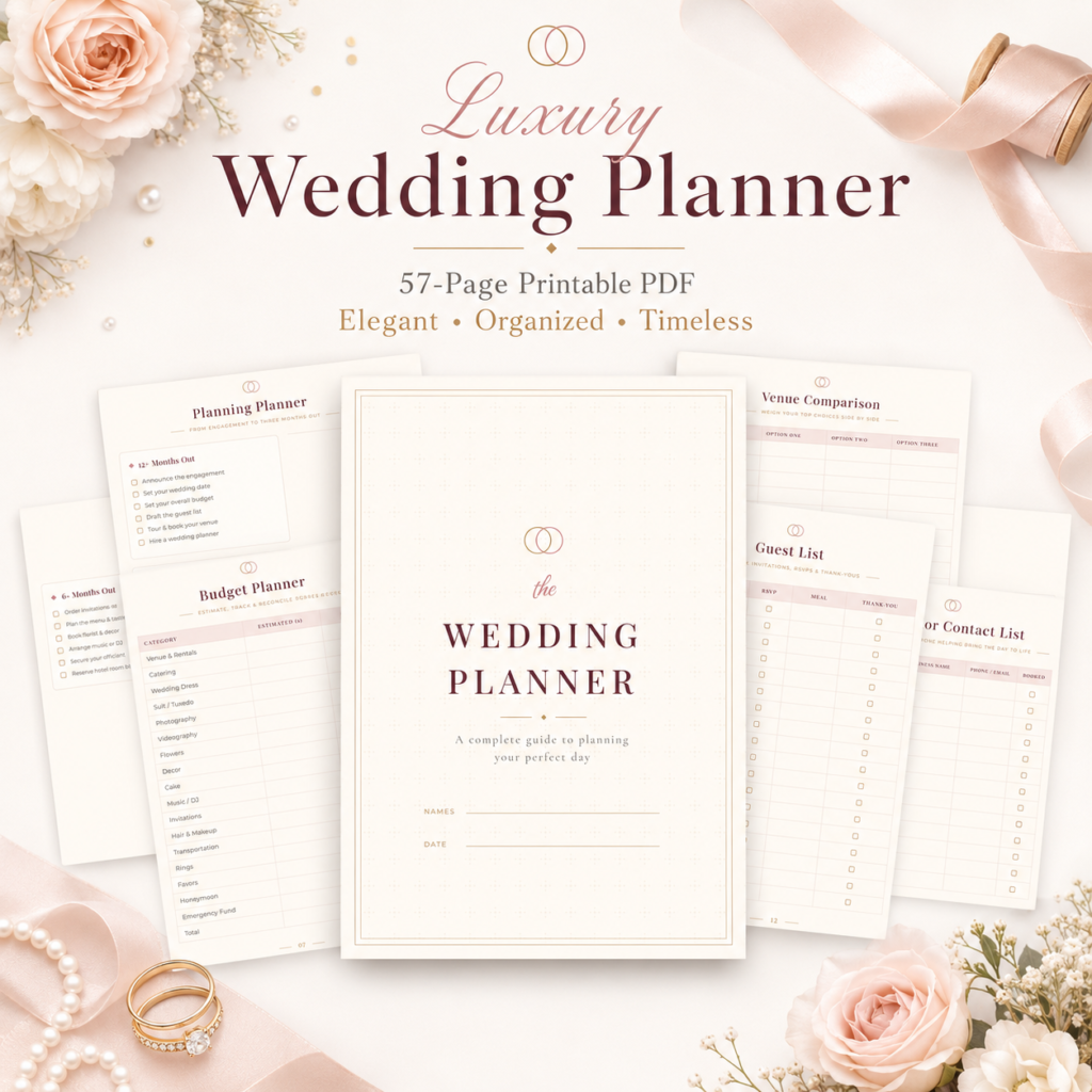 Luxury Wedding Planner Printable PDF – 57 Page Bridal Planning Binder